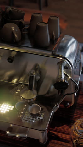 close-up of a vintage espresso machine with coffee cups