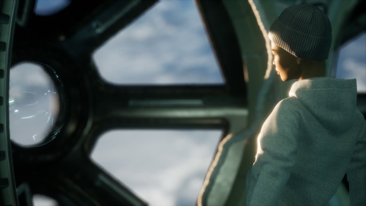 미래의 우주선에 있는 여성 우주비행사