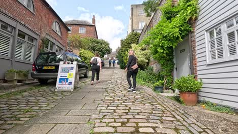 people walking on a charming cobblestone street