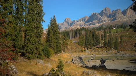 Footage-of-lake-Lago-di-Carezza-in-Italian-Dolomites-In-European-Alps