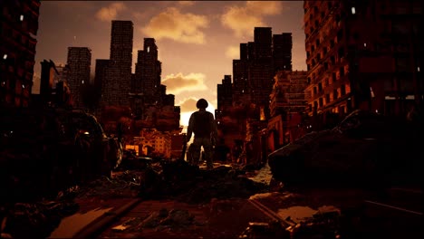 video game animation of a soldier watching a nuclear explosion during war on the combat field, military war zone concept