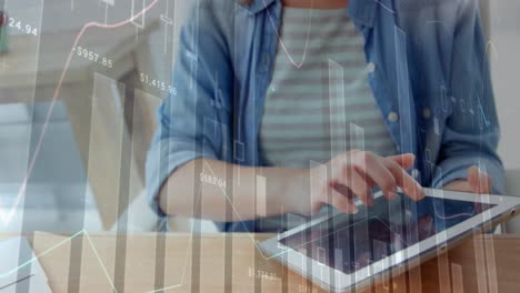 Animation-of-statistical-data-processing-over-caucasian-woman-smiling-while-using-tablet-at-a-cafe