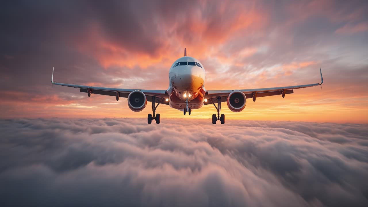 Una vista mozzafiato di un aereo di linea commerciale che si libra verso un tramonto vivido, tagliando un mare di nuvole soffici, catturando l'essenza del volo e dell'avventura