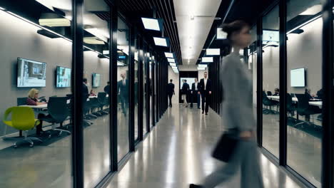 business professionals walking in modern office corridor