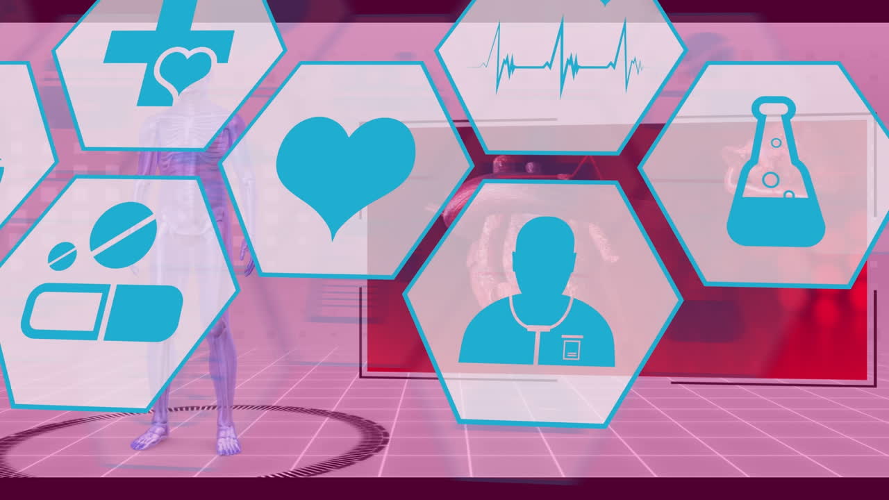 분홍색 배경에 대한 인체 모델 위에 여러 개의 의료 아이콘의 애니메이션