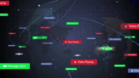 social media interactions animation over world map with messages and video playing