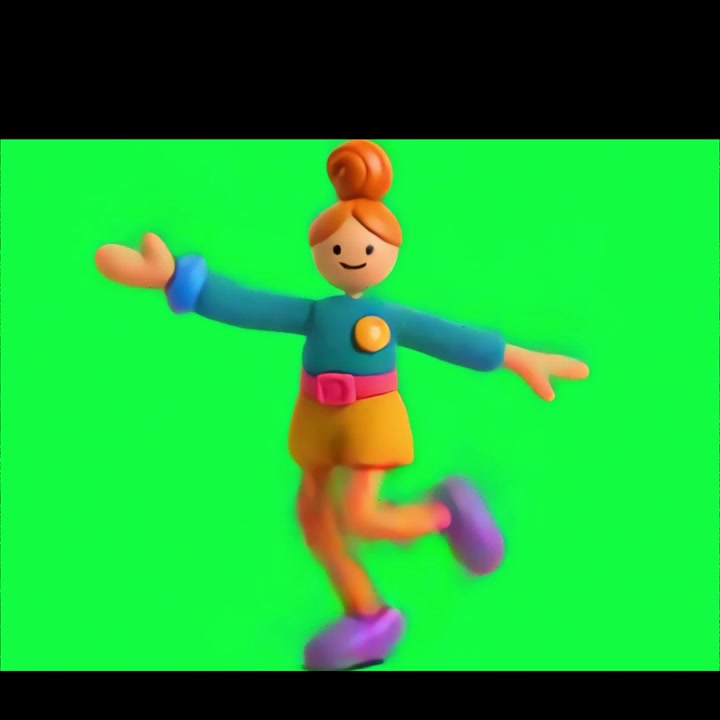 Personaggio in plastilina che corre su sfondo a schermo verde