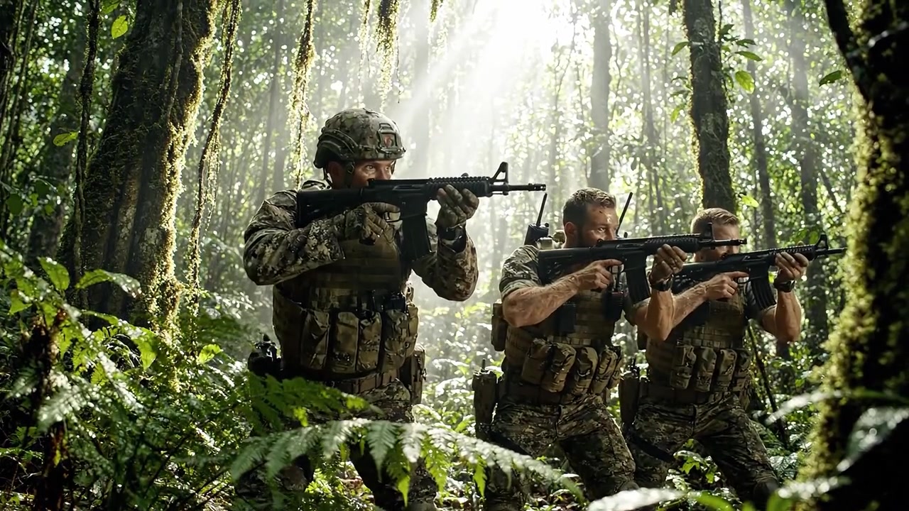 Personale militare si impegna in manovre tattiche all'interno di una fitta e rigogliosa foresta pluviale, illuminata dalla luce solare che filtra attraverso la volta degli alberi, mostrando lavoro di squadra e strategia.