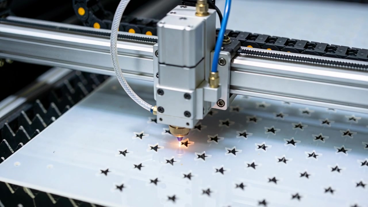 Taglio su segnale, una testa laser CNC incide una griglia a stella su una lastra da officina per la perforazione, con tubi flessibili.