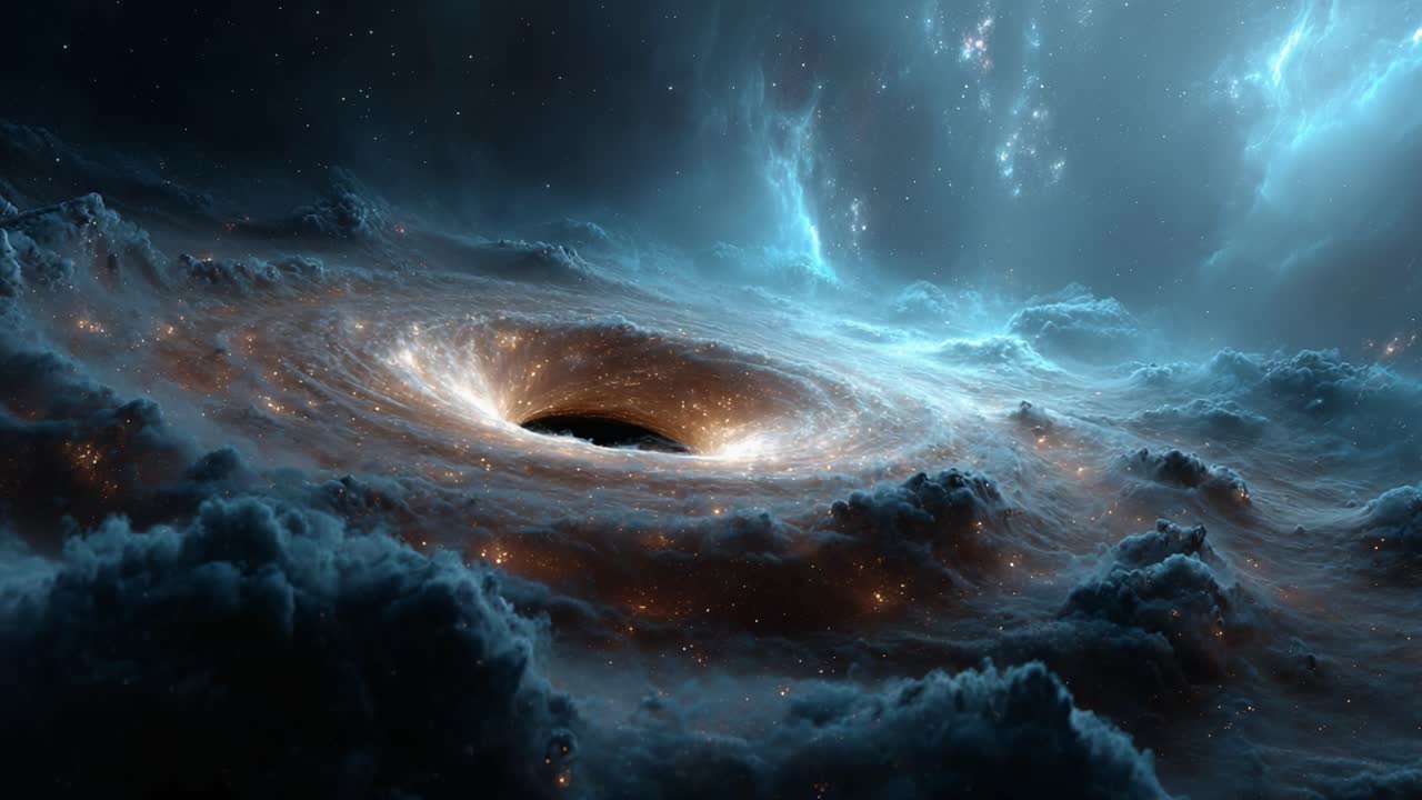 En imponerende visuel repræsentation af et sort hul omgivet af kosmiske stjernetåger og funklende stjerner, der indfanger mystikken ved udforskning af det dybe rum