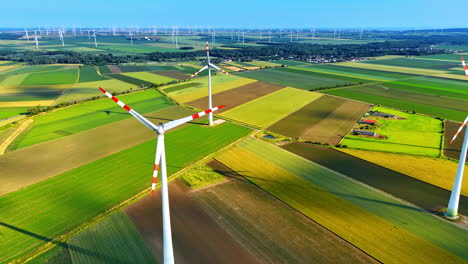 turbines produce energy in fields. wind turbines stand tall in lush green fields, generating renewable energy under a clear blue sky during daylight
