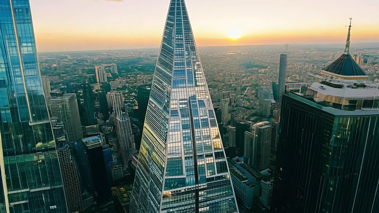 해가 지는 시점 에 초고층 건물 들 이 있는 도시 스카이 라인 의 공중 풍경