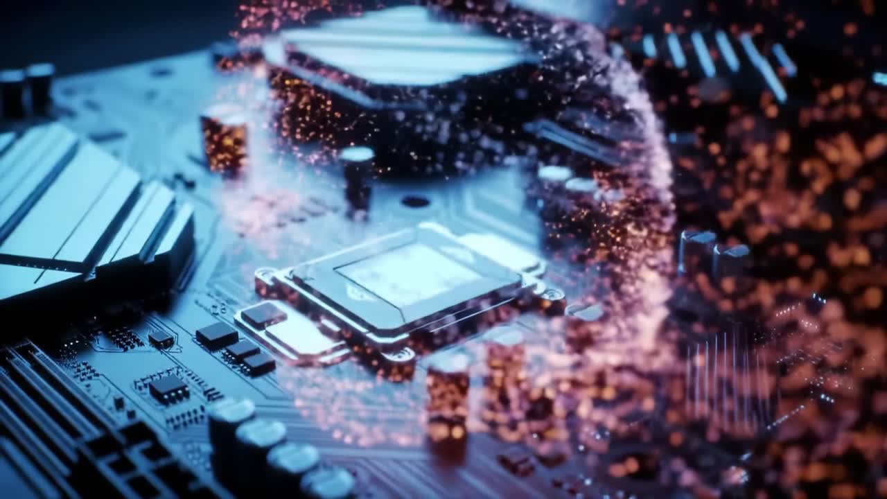 A mesmerizing visual journey through a high-tech circuit board, showcasing intricate details of electronic components amidst a stunning eruption of vibrant particles and electromagnetic phenomena