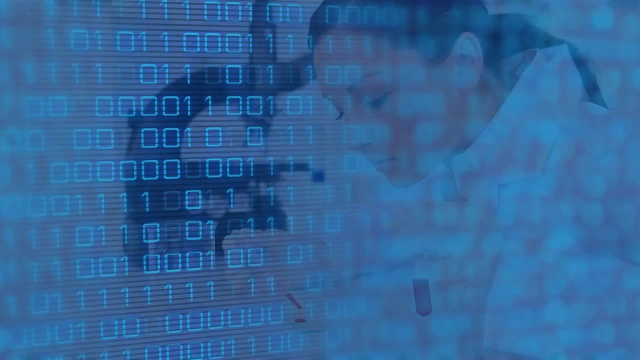 Animation of data processing over caucasian female scientist in lab