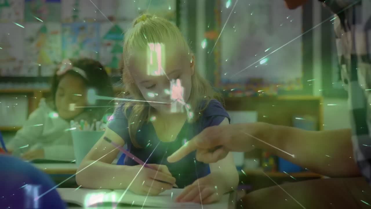 animación del procesamiento de datos sobre la escritura de diversos escolares