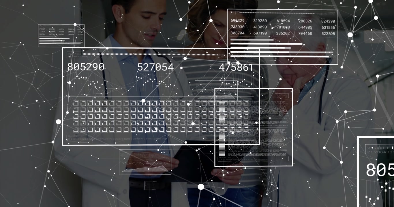 Healthcare trio in corridor tapping tablet and watching hologram data nodes while tracking vitals