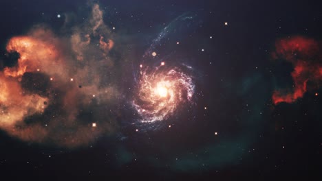 an orange galaxy moving around a nebula cloud in the universe