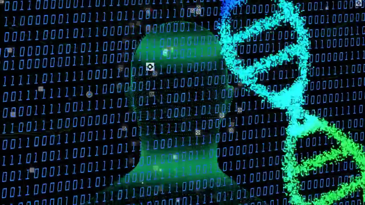 Binaire raster met startende cursors die in kaart brengen, roterende doorschijnende groene kop, wolk die een DNA-helix vormt