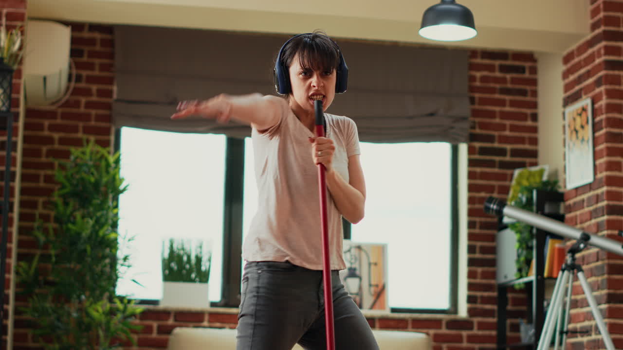 Happy woman singing song and mopping floors in apartment