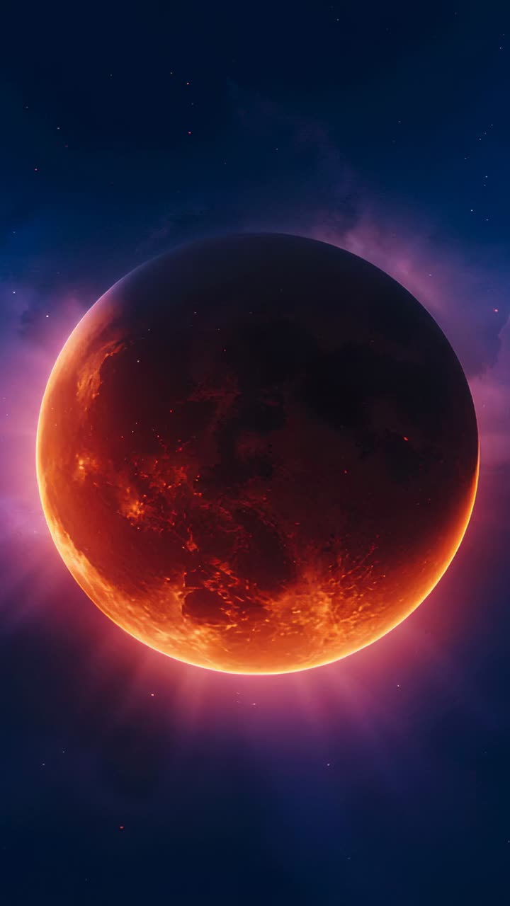 Vertical video: Shifting red-orange planet showing hotspots causing pink corona pulsing in space
