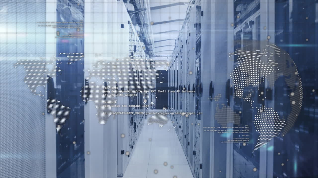 Data center corridor glowing with blue ambient lighting, showing floating world map, scrolling code