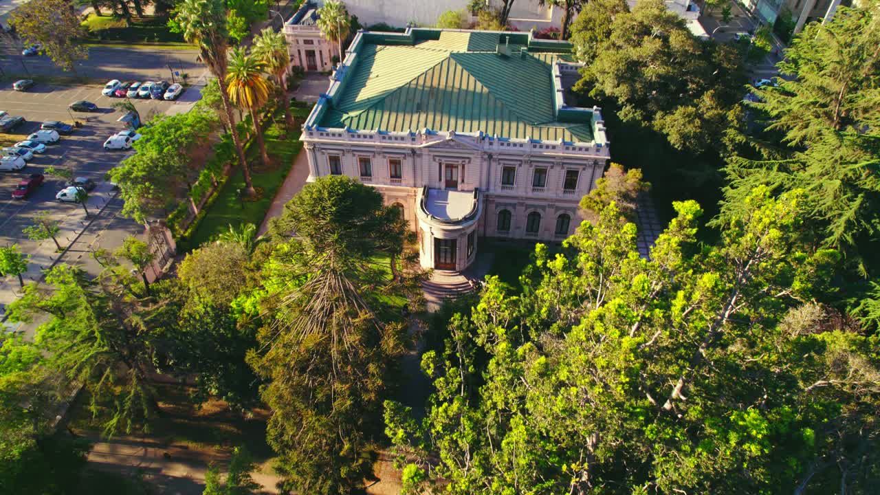 Aerial Drone Fly Above National Monument Cousi&ntilde;o Palace Park, Santiago de Chile