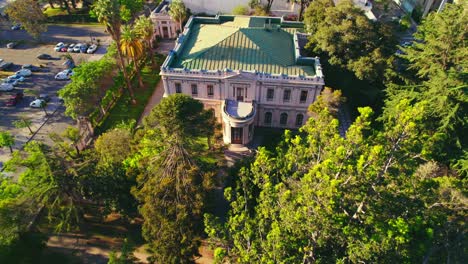 Aerial-Drone-Fly-Above-National-Monument-Cousiño-Palace-Park,-Santiago-de-Chile