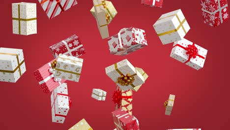 falling new year presents on red background