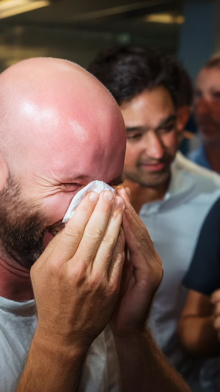 Momento emozionante di gioia e risate tra amici, con un uomo che si asciuga le lacrime, trasmettendo un sincero senso di connessione e felicità in un'esperienza condivisa