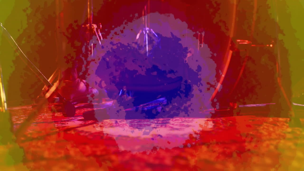 musician striking handpan drum in music studio, with animated sound waves dancing around