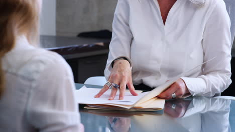 woman signing papers with senior businesswoman, mid section