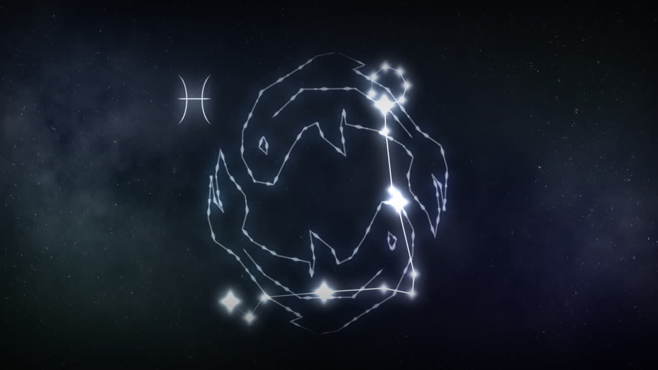 animación del signo de piscis con estrellas en fondo negro