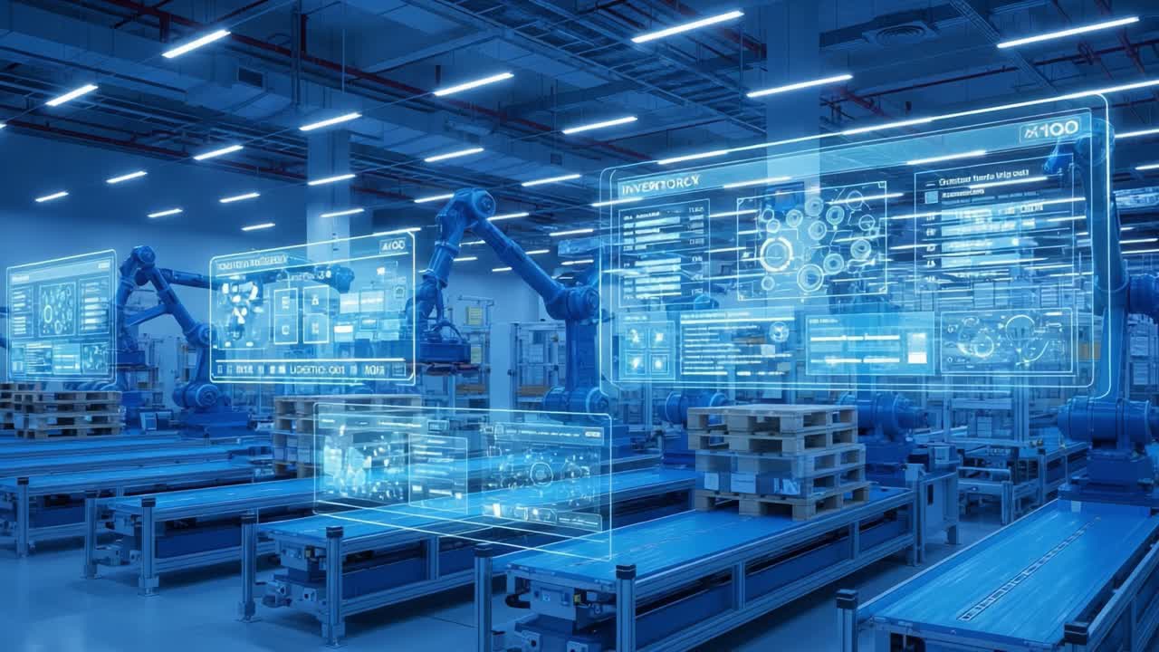 Advanced Automation in a Modern Manufacturing Facility: A Vision of Robotics and Data Integration with High-Tech Displays and Efficient Production Lines