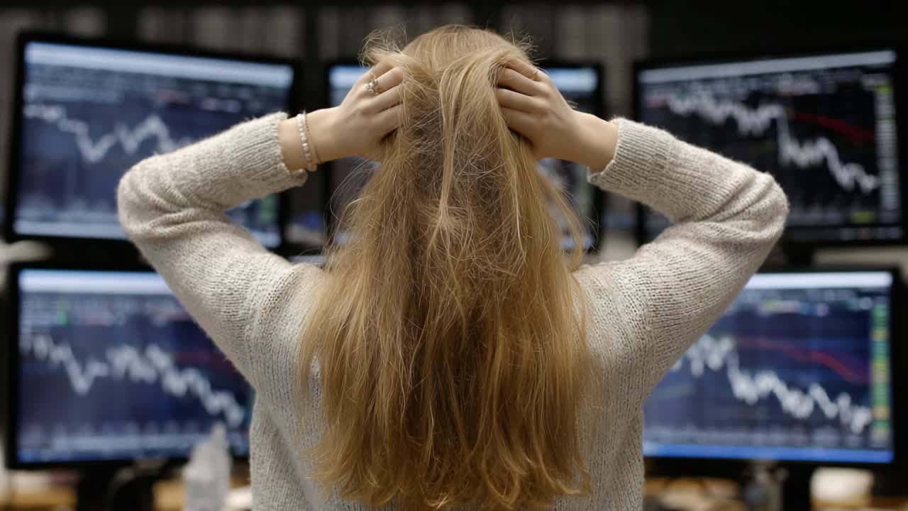 A Frustrated Trader Struggles with Market Trends, Overwhelmed by Data and Analysis on Multiple Monitors in an Intense Financial Environment, Highlighting the Stress of Trading