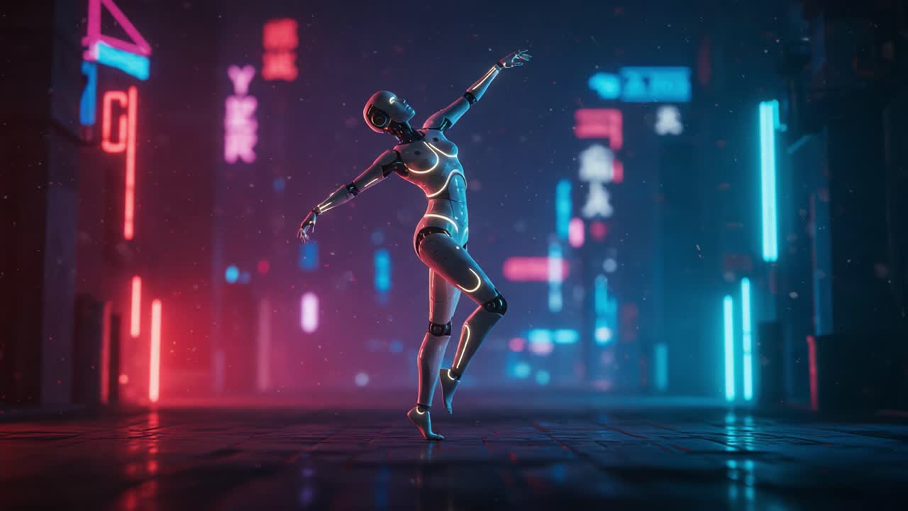 A futuristic robotic figure gracefully dances in a neon-lit urban landscape, showcasing cutting-edge technology and artistry in a captivating digital realm