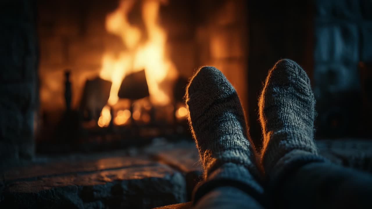 Cozy Feet by the Warm Fire: A Serene Moment Captured in the Glow of Flames, Creating a Welcoming Atmosphere for Relaxation and Comfort