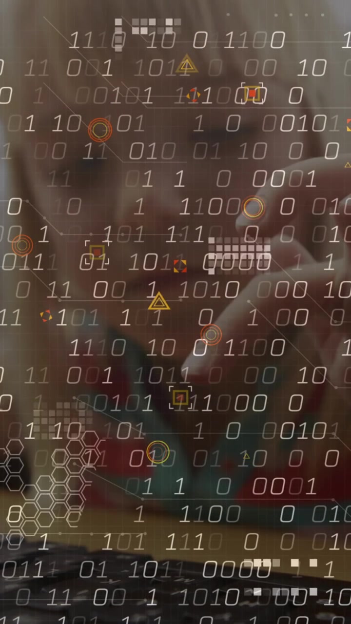 Animation of data processing and abstract shapes against caucasian girl using computer at school