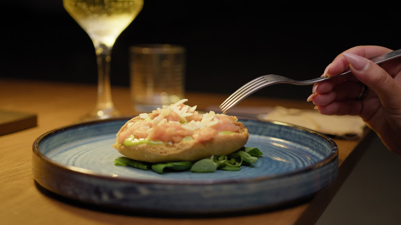 Small Kind Of Gourmet Pizza With Fish Inside A Blue Dish At The Restaurant