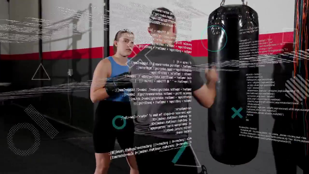 Coach shifting heavy bag nudging gloved trainee punching for boxing while glitch UI obscuring scene