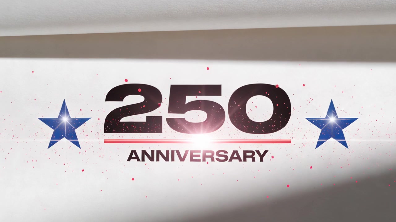 Animazione del logo "250 ANNIVERSARY" su sfondo bianco con un fascio di luce che fa brillare scintille a forma di stella e punti rossi.