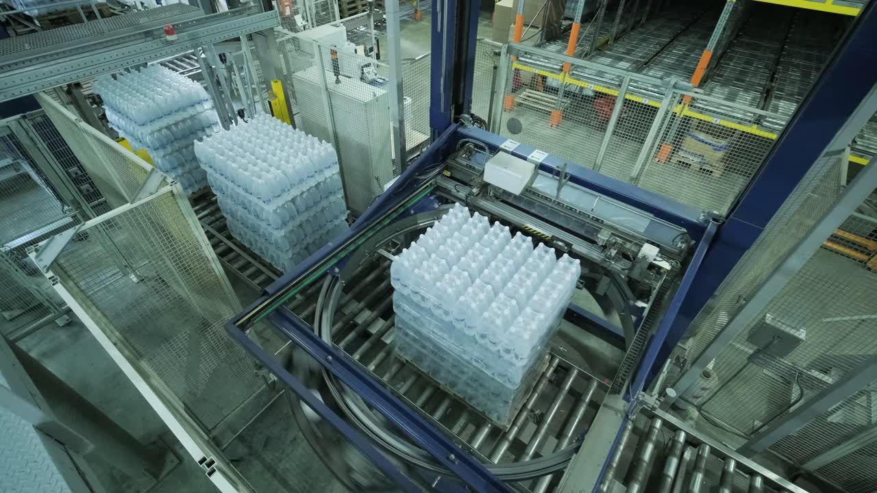 máquina moderna de ataduras y transporte para la línea de envasado en la planta de bebidas