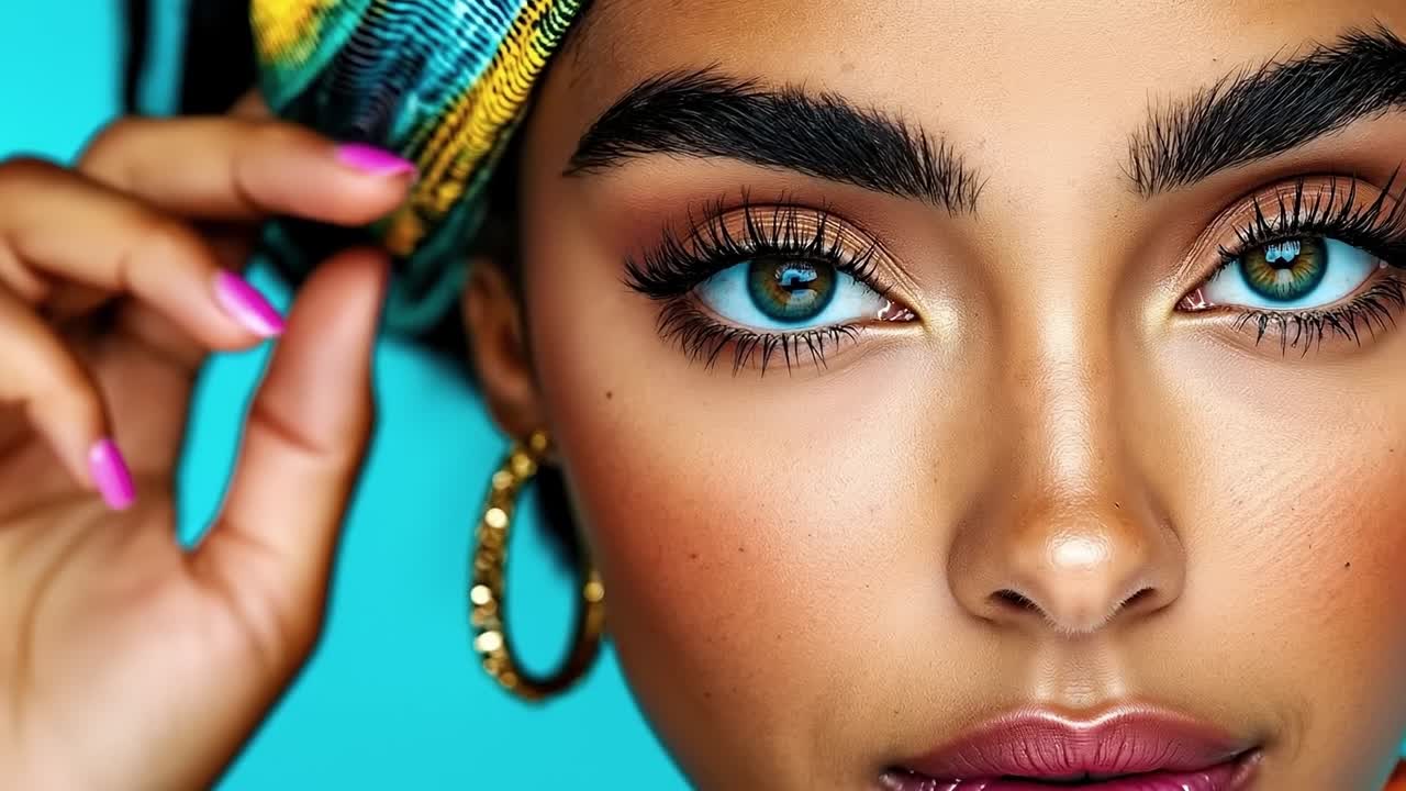 A close up of a woman's face with blue eyes and a turban