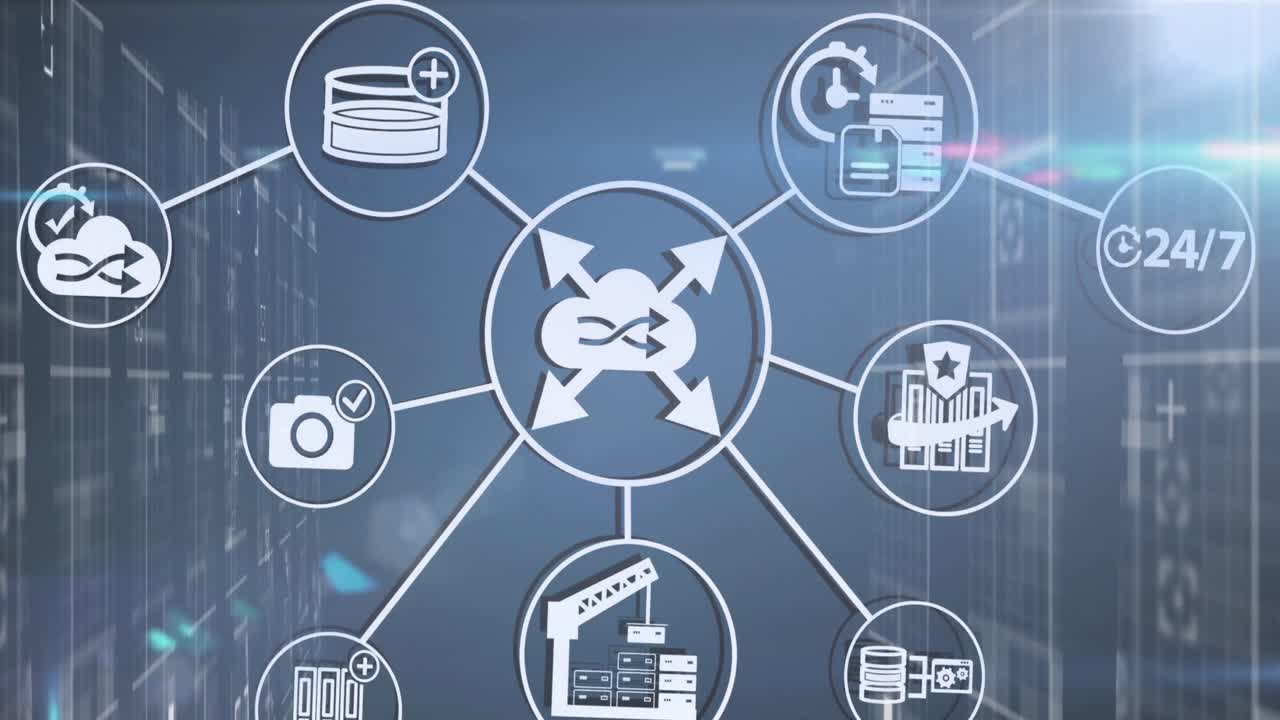 파란색 배경 위에 빛의 점과 미디어 아이콘의 애니메이션