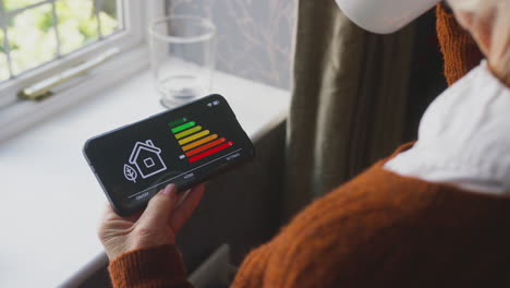 mujer mayor usando una aplicación para medir la eficiencia energética de pie junto al radiador en casa