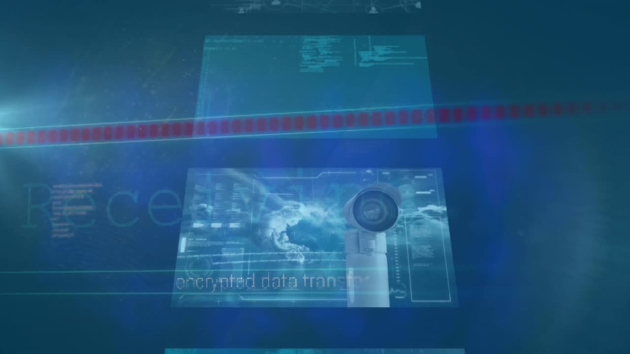 animación de varias pantallas con procesamiento de datos contra un punto de luz sobre fondo azul