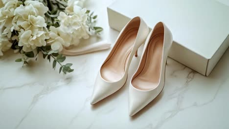 elegant white wedding high heels with floral bouquet and gift box