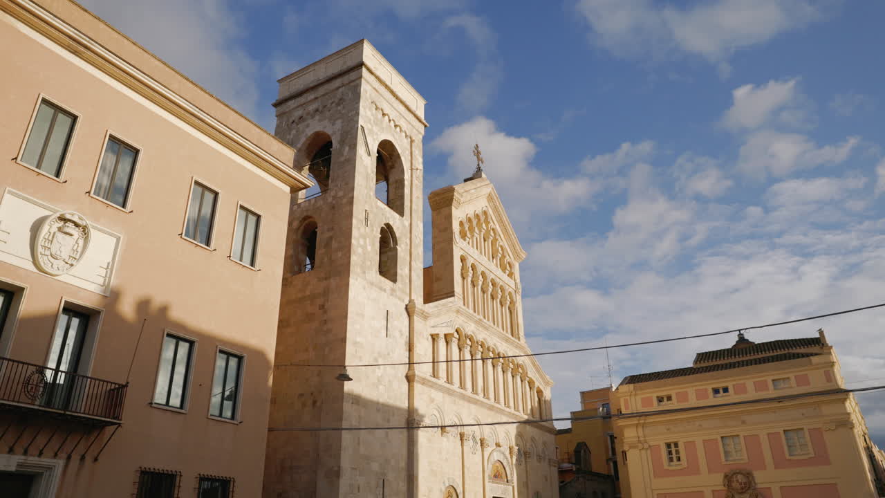 Facade of the Cathedral of Santa Maria Assunta and Santa Cecilia of Cagliari. Archiepiscopal Church of Cagliari. Historic center of Cagliari.