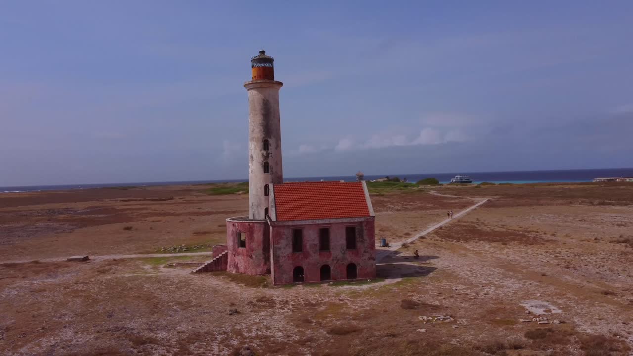Aerial Spin around abandoned light tower on flat Caribbean island