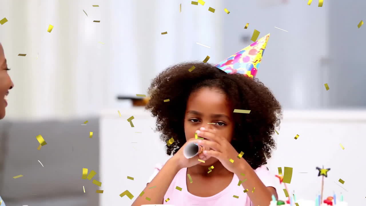 Bambino che soffia in una trombetta da festa e indossa un cappello, festeggia il compleanno con animazione di coriandoli