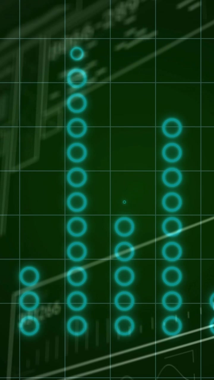 Vertical video: On play cyan column stacks rising and falling, panels drifting, showing system data